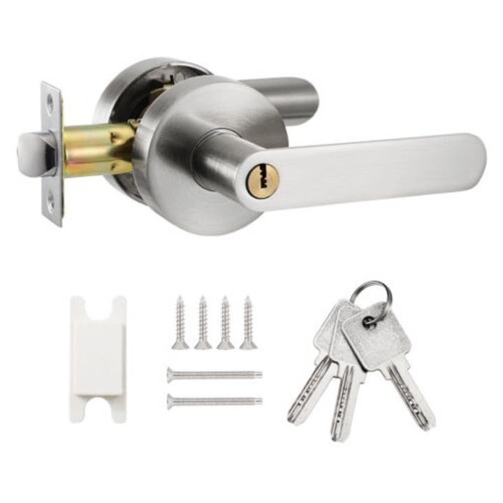 Broasca de usa cu maner, set, argintie, 60x70mm, pentru usi interioare si exterioare