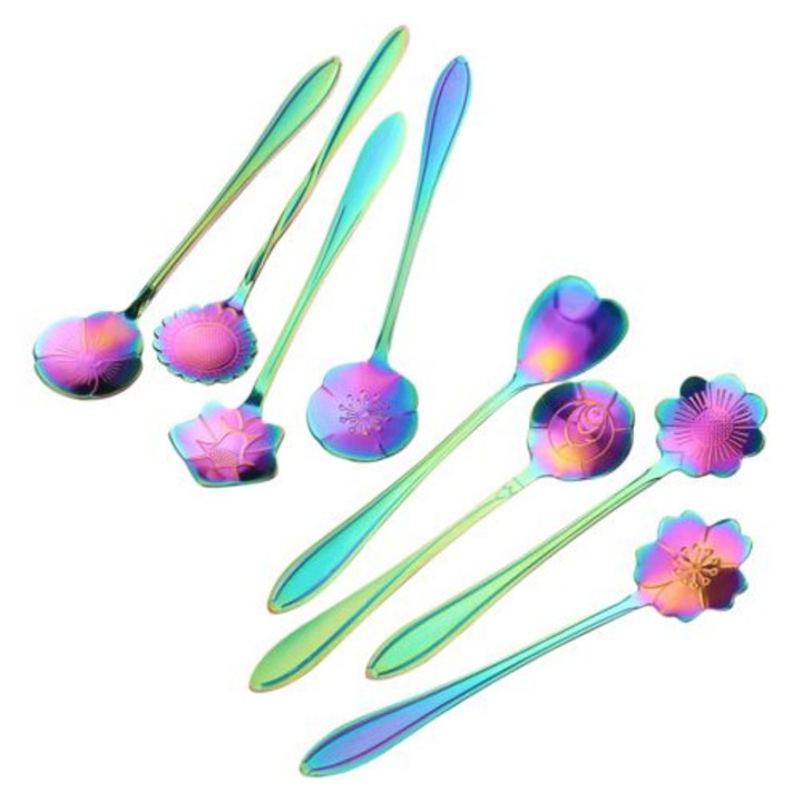 Set de 8 lingurite din otel inoxidabil, model floral, finisaj multicolor, dimensiuni diferite