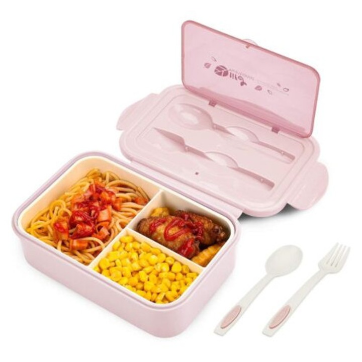 Cutie alimentara rectangulara cu compartimente, roz, cu tacamuri, set pentru scoala