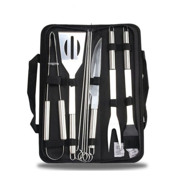 Set de 10 ustensile gratar din otel inoxidabil, spatula, furculita, cleste, pensula, geanta portabila