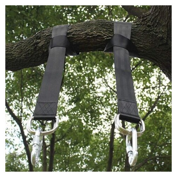 Set de suspensie pentru leagane cu 2 carabiniere din aliaj de zinc, 150x5x0.3cm, protectie pentru copaci