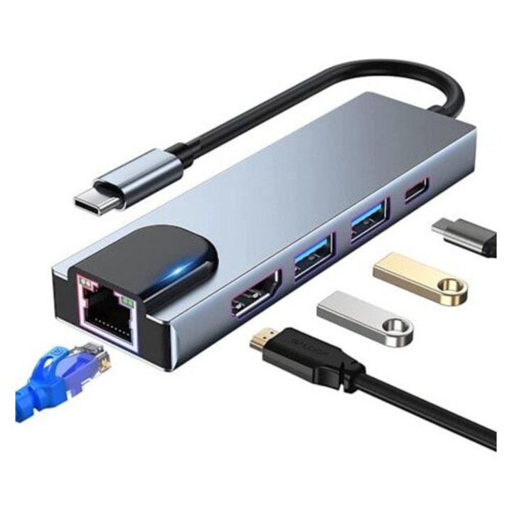 USB-C elosztó 5 az 1-ben, 4K HDMI, 100W PD, 2 USB port, széleskörű kompatibilitás