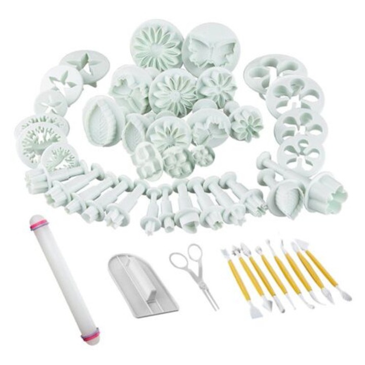Set de 47 forme pentru prajituri, unelte de decorare, diverse forme, alb