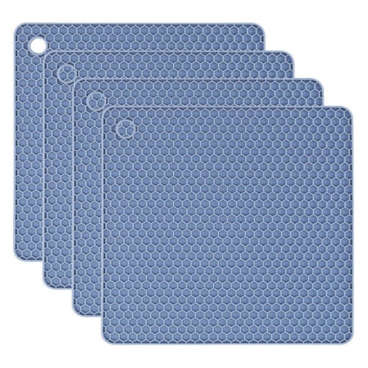Set de 4 suporturi reutilizabile din silicon rezistente la caldura, design antiderapant, albastru nordic