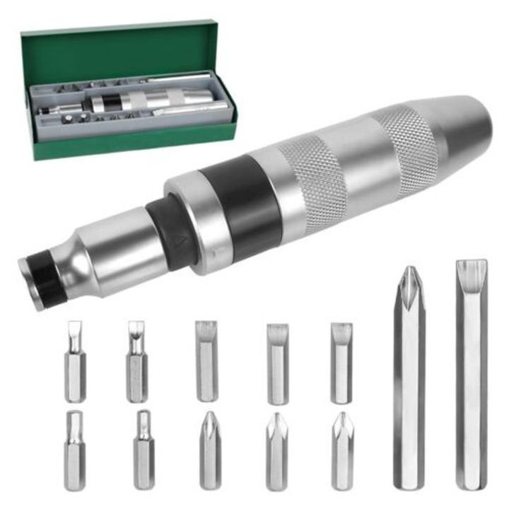 Set de surubelnite cu impact 13 piese, 12 biti, design anti-alunecare, dimensiuni compacte