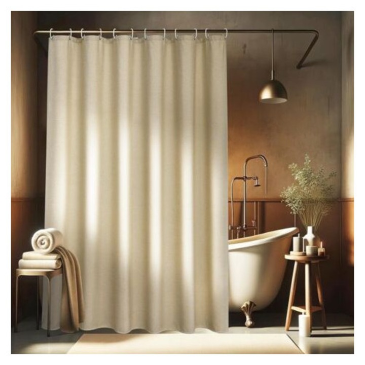 Cortina de dus din poliester cu textura de in, impermeabila, 180x200cm, cu 12 inele
