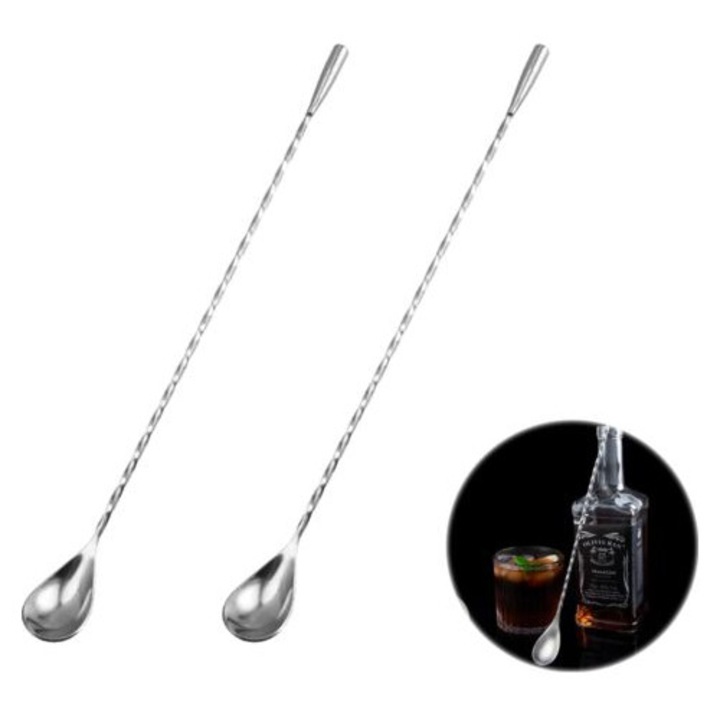 Set de linguri de amestec din otel inoxidabil, 30cm, design spiralat, pentru cocktailuri si bauturi mixte