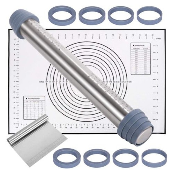 Set sucitoare din otel inoxidabil, 1 sucitoare graduata, 1 mata de copt, 1 racleta din otel inoxidabil, 8 discuri ajustabile, 40x60cm