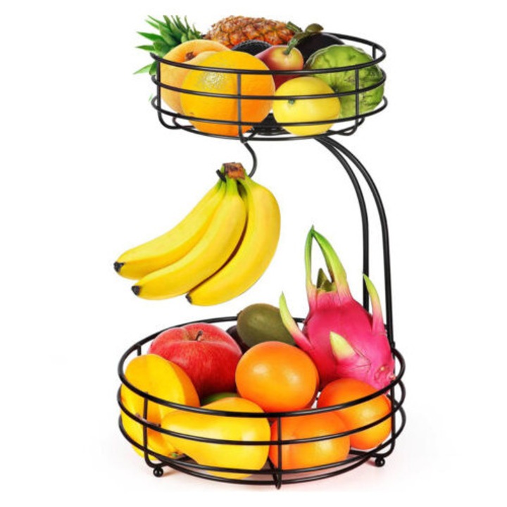 Cos de fructe cu suport pentru banane, 2 niveluri, metal, negru, 27x27x42.5cm