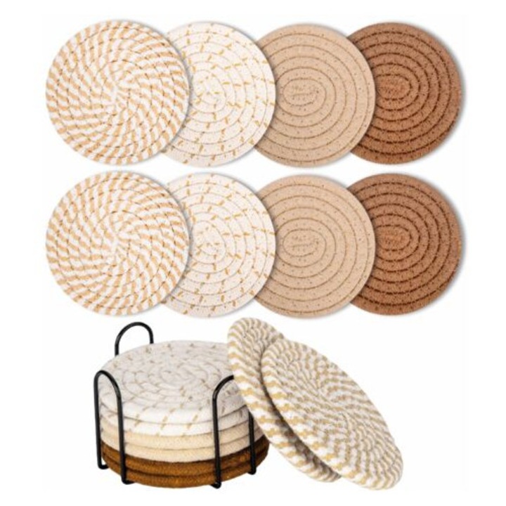 Set de 8 suporturi pentru bauturi din bumbac impletit, absorbante, antiderapante, multicolor