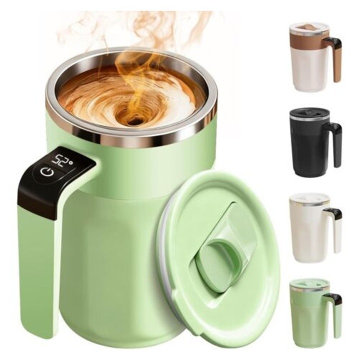 Cana automata de amestecare cu display de temperatura, 380 ml, inox, capac, pentru cafea, lapte, ceai, verde