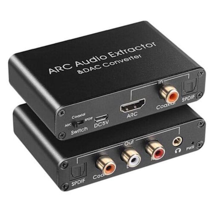 Extractor audio ARC, converter DAC, 192 kHz, negru, dimensiuni 10x5x10x2cm