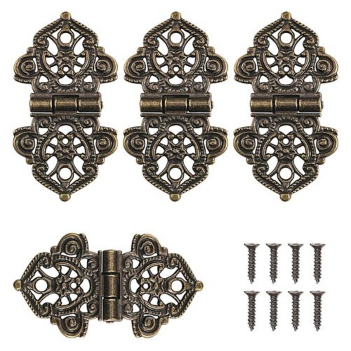 Set de 4 balamale retro decorative din bronz pentru usi si dulapuri, montaj simplu, flexibilitate mare, 270°