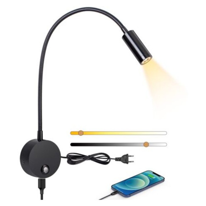 Aplica de citit cu LED, 3W, dimabil, cu USB, 3000-6000K, neagra, cu brat flexibil