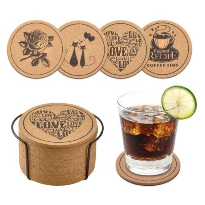 Set de 12 suporturi de pahare din pluta, 4 modele, 10cm, grosime 0.5cm, design elegant, pentru decorare si protectie.