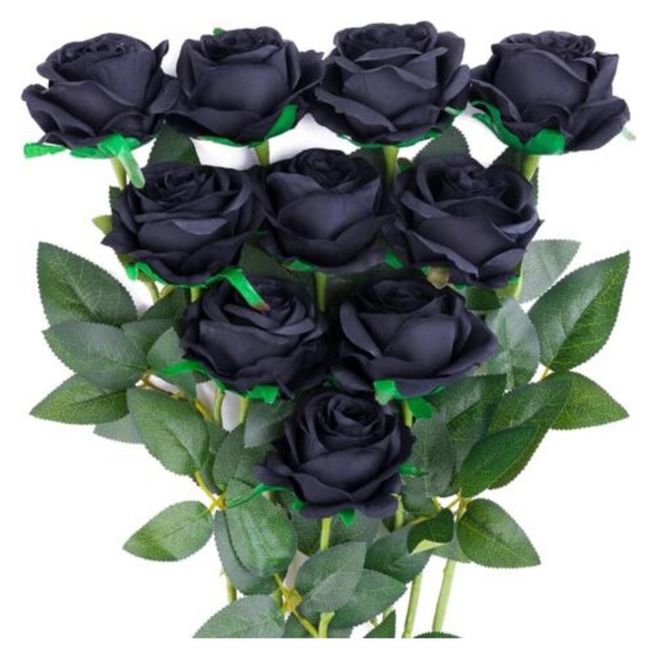 Buchet de 10 trandafiri din matase neagra, decor elegant, lungime 51cm, set.