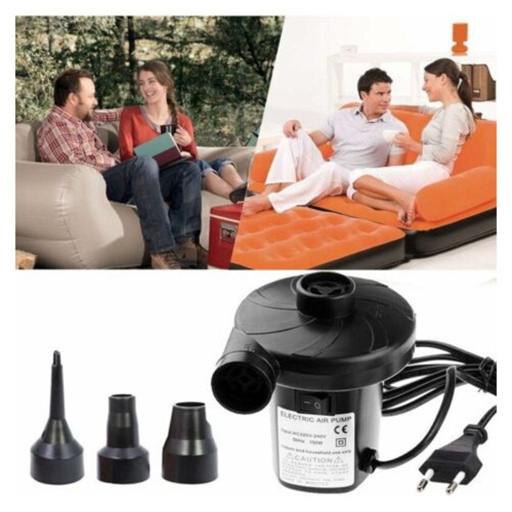 150W elektromos pumpa felfújáshoz/leeresztéshez 3 fúvókával, matracokhoz, csónakokhoz, párnákhoz, fekete, 13x10x12cm