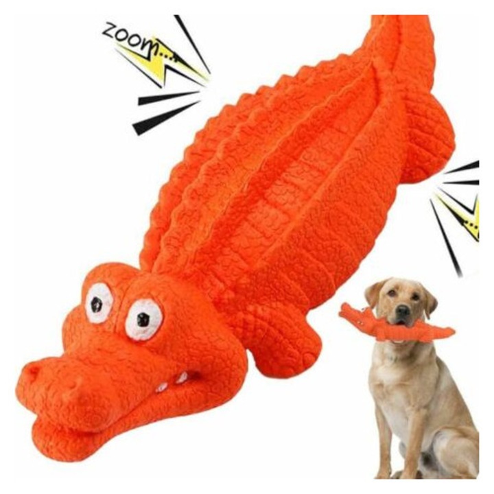 Jucarie interactiva pentru caini, crocodil din cauciuc natural, 26.4x6.1cm, portocalie si rosie