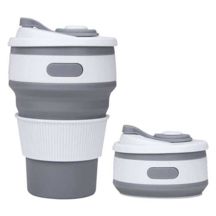 Cana termos reutilizabil, 350 ml, gri, design pliabil, capac etans