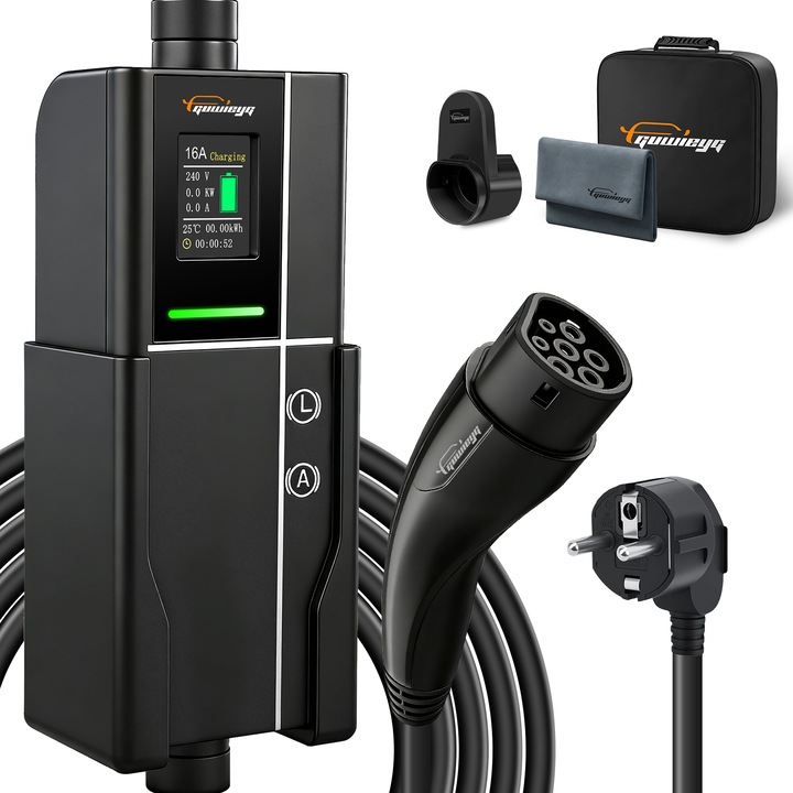Cablu de incarcare Tip 2 GUWIEYG 3.5kW 8-16A 6m, incarcator portabil EV, display digital, rezistent la apa