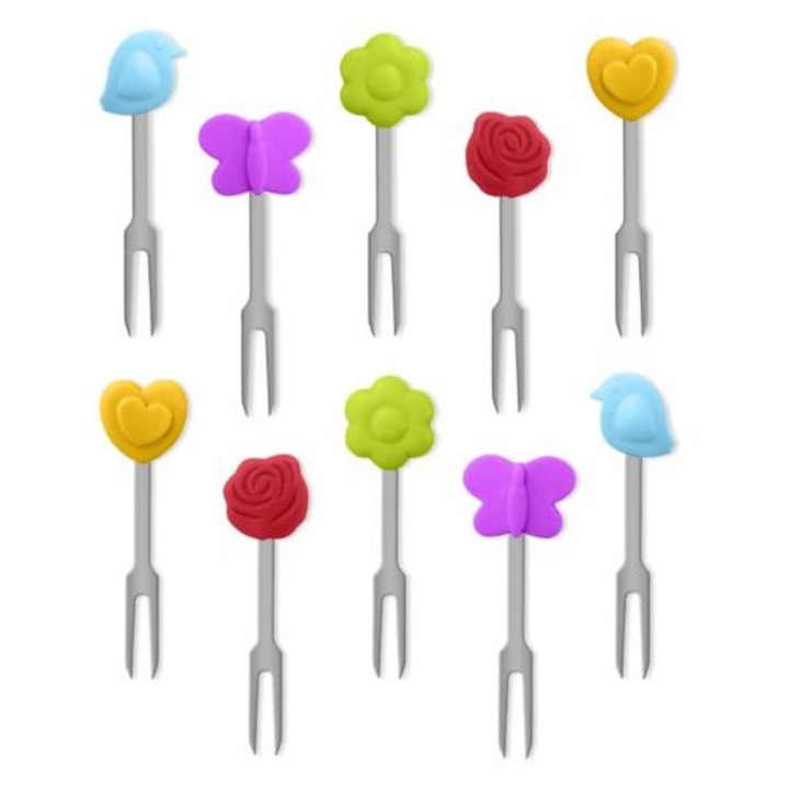 Set 10 furculite mici din otel inoxidabil pentru deserturi, cu manere din silicon, multicolor