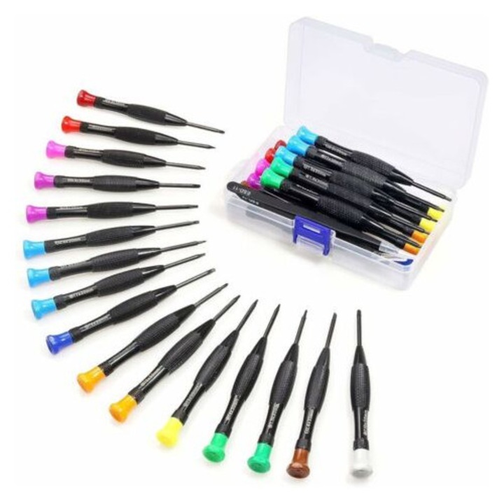 Set de 18 surubelnite mini magnetice Torx cu capete plate si Phillips, cu penseta si biti T2-T10, pentru Xbox, computer, telefon, ceas si bijuterii, 16.5x11.8x4.3cm