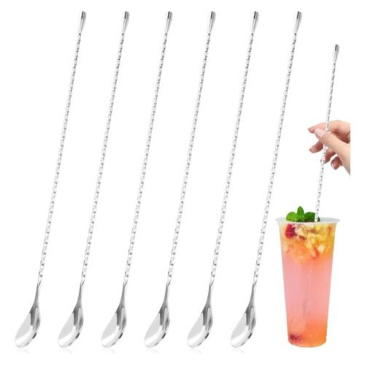 Set de 6 linguri de cocktail din otel inoxidabil, 40 cm, design spiralat, argintii