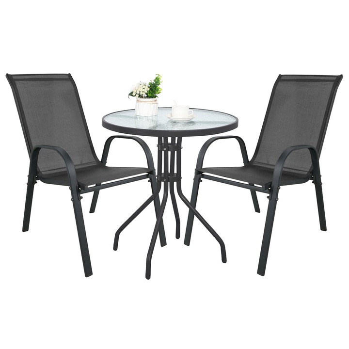 LEOBERT ISLAND/SOFIA kerek asztal szett 2 székkel, edzett üveg asztallap dekoratív mintával, egymásra rakható textilene székek fekete fém lábakkal, fekete/szürke, O 60 cm, 1 szett