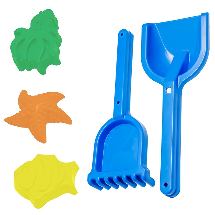 Set Jucarii de Plaja si Nisip pentru Copii, 5 Piese, Include Lopatica, Grebla si Forme Animale Marine, Albastru