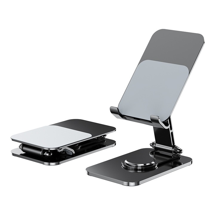 Suport universal pliabil din aluminiu pentru telefon si tableta, rotatie 360°, antiderapant, argintiu, pentru birou si masa