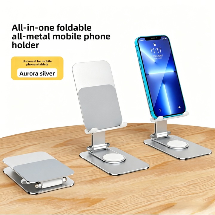 Suport universal pliabil din aluminiu pentru telefon si tableta, rotatie 360°, antiderapant, argintiu, pentru birou si masa