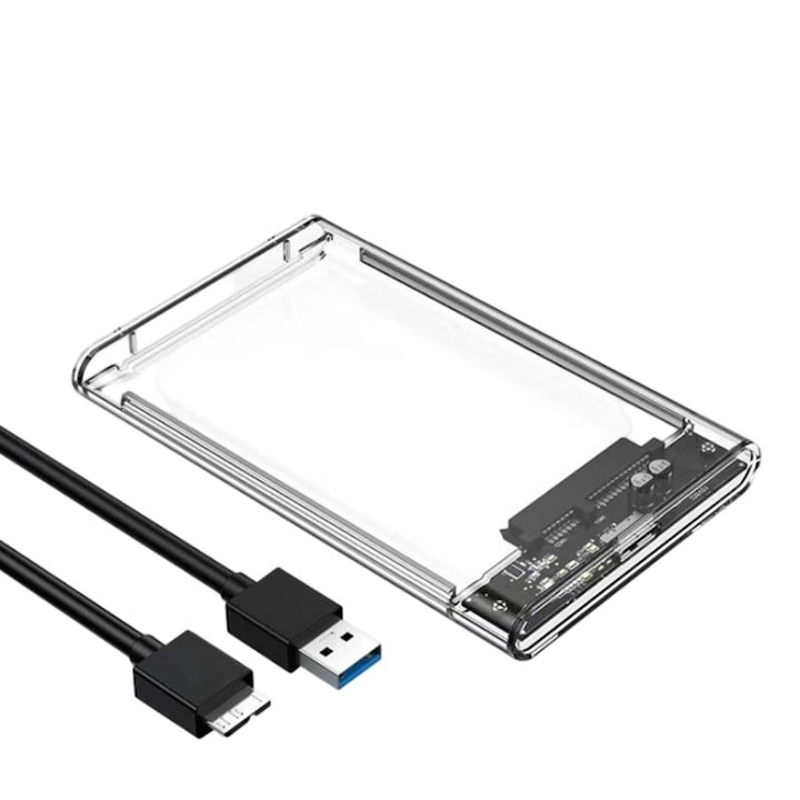 Външна кутия за твърд диск 2.5 инча, Kraftverdia, SATA към USB 3.0, 5Gbps, прозрачна, компактна