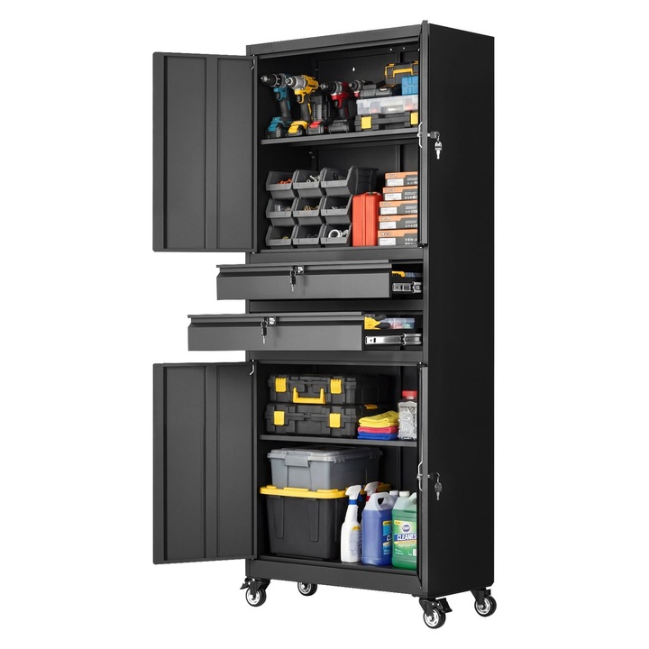 Dulap metalic pentru scule, Cu roti, Inaltime 190, 5 cm, Patru usi cu incuietoare, Rafturi ajustabile, Doua sertare, Sarcina pe raft 81, 5 kg, Pentru garaj/birou/casa