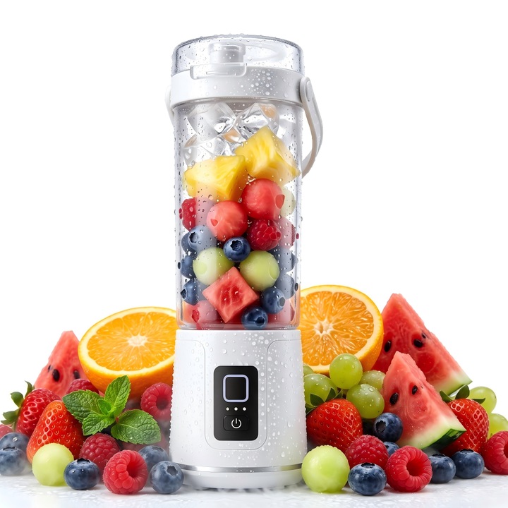 Mini Blender Electric, Portabil Multifunctional pentru smoothie-uri si sucuri, reincarcabil USB, 600ml, 6 Lame 3D, Auto-Curatare, Autonomie Mare, Acumulator, alb