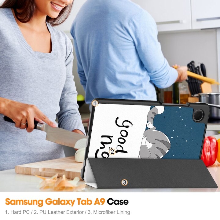 Husa pentru Samsung Galaxy Tab A11/A9, 8, 7 inch, VIENOD®, TPU Smart Cover, set cu unghiuri de vizualizare dublu, Piele PU, spate PC, pisica