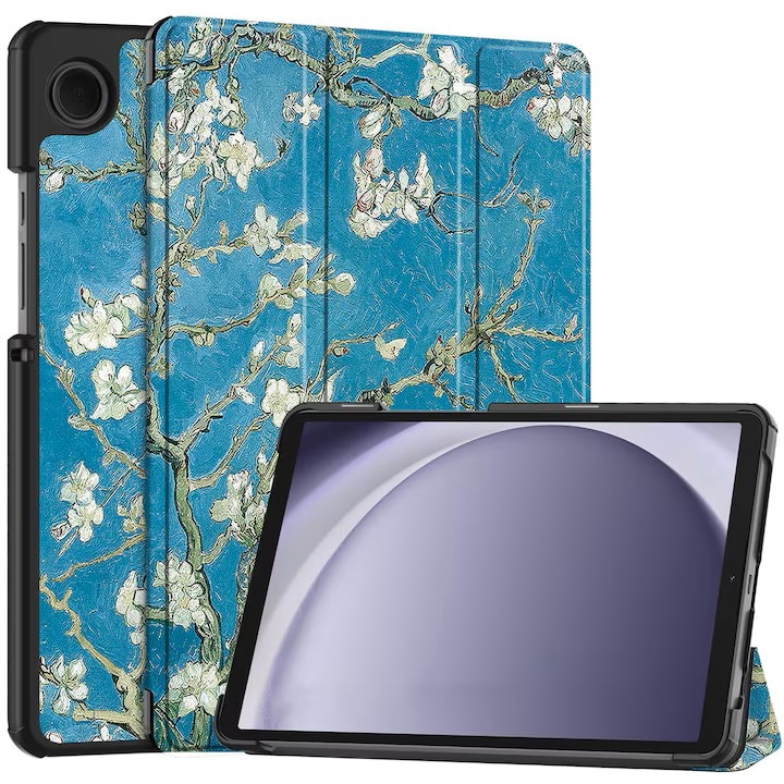 Husa pentru Samsung Galaxy Tab A11/A9, 8, 7 inch, VIENOD®, TPU Smart Cover, set cu unghiuri de vizualizare dublu, Piele PU, spate PC, flori de cais