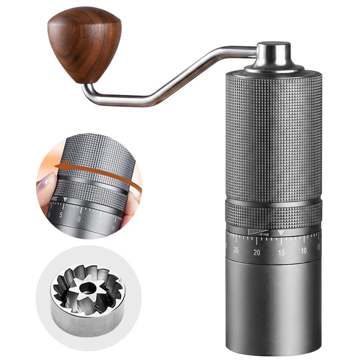 Rasnita manuala de cafea, reglaj extern, capacitate 20-23g, lame din otel inoxidabil 420, corp din aluminiu, ax central din otel 304, ideala pentru espresso, French Press, infuzie, gri argintiu