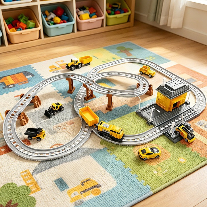 Circuit Trenulet de Jucarie Electric Pentru Copii KidProtect® Constructo Train, Locomotiva Electrica, 8 Masinute Incluse, Elicopter, Escavator, Tractor Basculanta, Cadou Baieti 2 3 4 5 Ani, Galben