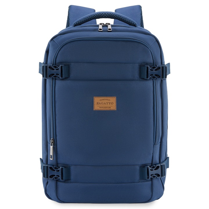 Rucsac voiaj, Zagatto ZG1112, Bagaj de mana 40x30x20 cm, Rucsac calatorie avion, Compatibil Wizz Air, Ryanair, Comapartimet laptop, Atasabil la valiza, Impermeabil, Capacitate 24L, Albastru