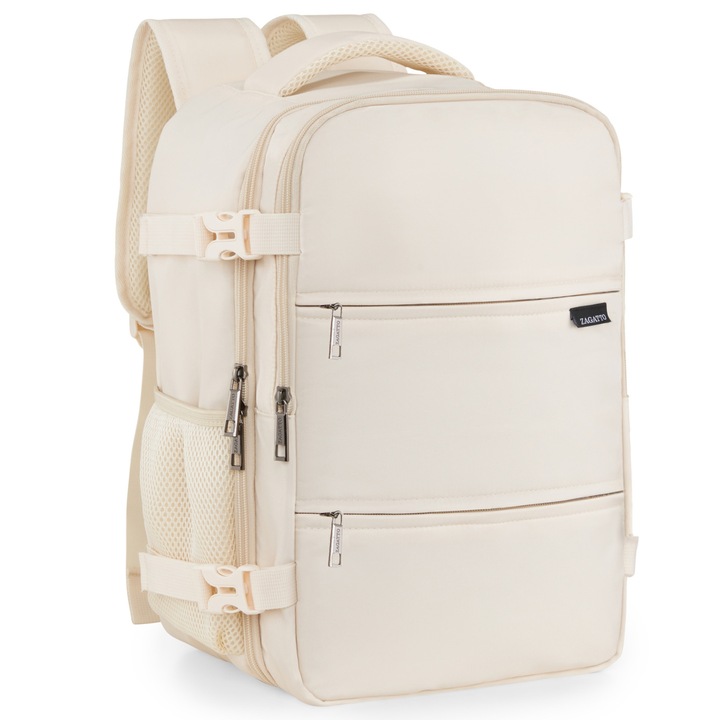 Rucsac voiaj, Zagatto ZG1125, Bagaj de mana 40x30x20 cm, Rucsac calatorie avion, Compatibil Wizz Air, Ryanair, Deschidere la 90 grade, Curele de compresie, Atasabil la valiza, Impermeabil, Capacitate 24L, Bej