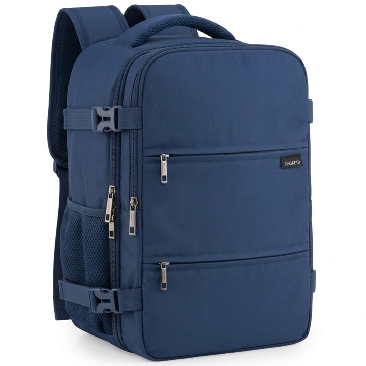 Rucsac voiaj, Zagatto ZG1126, Bagaj de mana 40x30x20 cm, Rucsac calatorie avion, Compatibil Wizz Air, Ryanair, Deschidere la 90 grade, Curele de compresie, Atasabil la valiza, Impermeabil, Capacitate 24L, Albastru