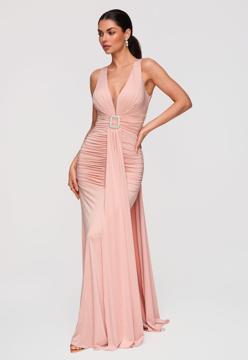 LARICA Rochie Maxi de Seara Eleganta cu Decolteu Adanc si Catarama, Roz