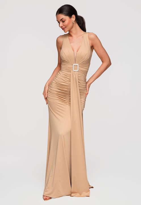 LARICA Rochie Maxi de Seara Eleganta cu Decolteu Adanc si Catarama, Bej