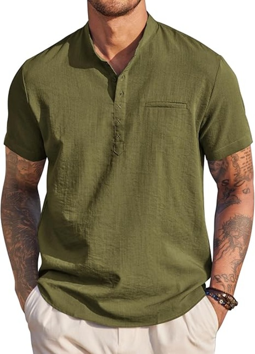 Camasa Barbati Tip Henley cu Maneca Scurta, Fara Guler, Material Respirabil si Usor – Camasa Casual de Vara pentru Plaja, Vacanta si Tinute Moderne, Verde Inchis, Marimea S