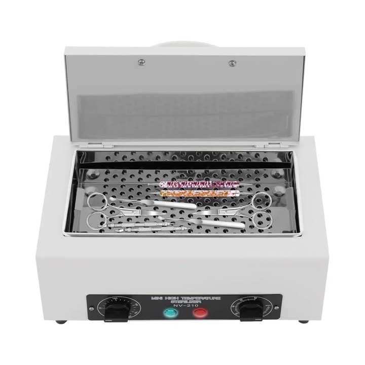 Sterilizator cu aer cald, Sterilizator cu caldura uscata, 220 °C, 300 W, Compact de birou, Pentru instrumente de manichiura, Alb