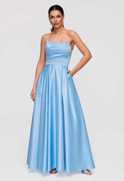 LARICA Rochie Maxi de Seara Eleganta, Croiala Ampla, Material Satinat Lucios, Albastru