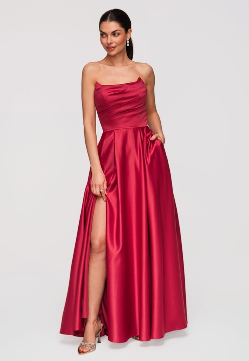 LARICA Rochie Maxi de Seara Eleganta, Croiala Ampla, Material Satinat Lucios, Rosu