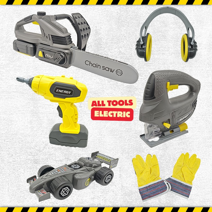 Trusa de Scule Copii Kidprotect® Kid Worker, Autofiletanta, Drujba, Fierastrau, Toate Electrice, Protectie Urechi, Set Manusi, Masinuta Montat si Demontat cu Piulite si Suruburi Cadou Baieti 3 4 5 6 7 8 Ani
