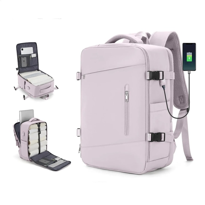 Rucsac calatorie femei, Biglistening, multifunctional, impermeabil, port USB, roz, 40L