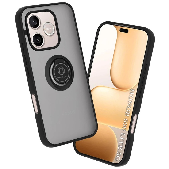 Husa pentru Honor 600 Lite cu Inel Rotativ 360° Magnetic, Antisoc, set cu sticker, Glinth, Negru